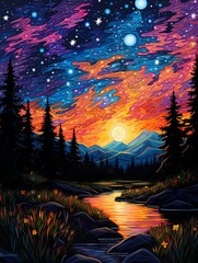 Vibrant Starry Night Campfires: A Blaze of Colorful Landscape