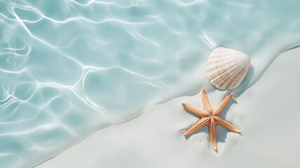 Fototapeta na wymiar A clear turquoise sea, top shot photo of seashells on the beach