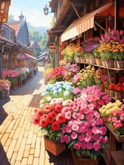 Sunlit Flower Market Painting: Riverside Bloom.