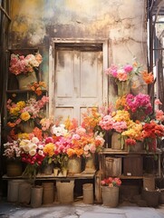 Sunlit Flower Market Streets: Rustic Wall Decor Bliss with Aged Streets & Time-worn Blossoms