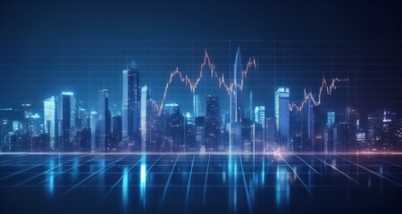  Cityscape with digital grid and stock market charts, symbolizing financial technology and urban innovation