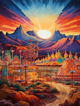Vibrant Carnival in Desert: Sandy Fairgrounds Midways Art