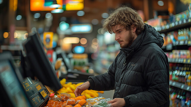 Grocery shopping, customer and cashier
