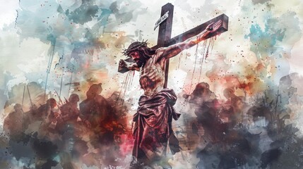 Christ crucified on the cross with people in watercolor in high resolution and high quality - obrazy, fototapety, plakaty