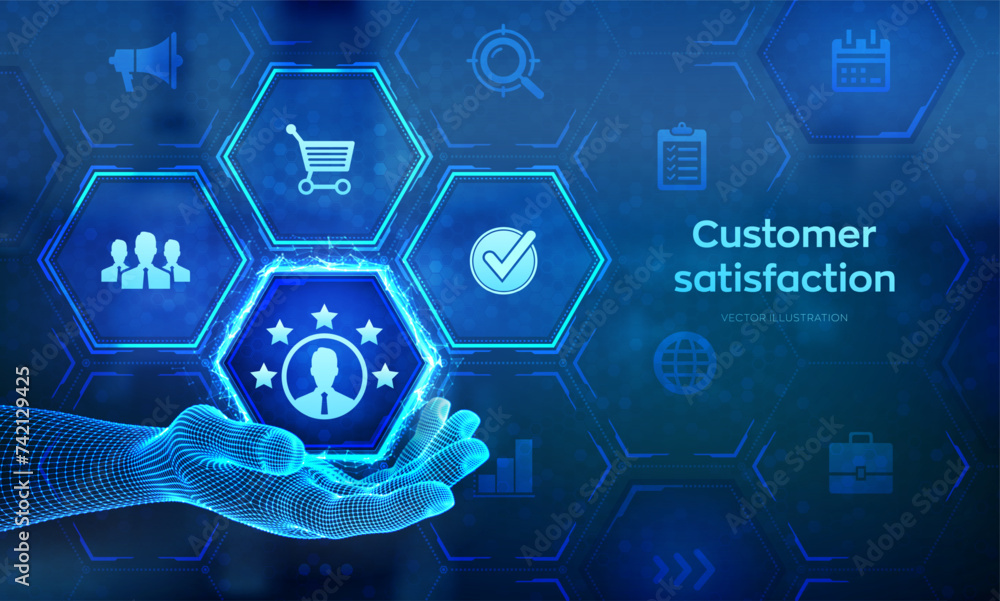 Poster customer satisfaction icon in wireframe hand. customer survey and feedback analytics concept on virt