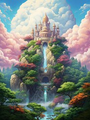 Whimsical Cloud Castle Skies Forest Wall Art: A Delightful Moonscape Bouquet in Cloud Forest, Castle Treetops Heaven