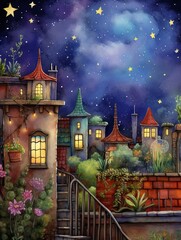 Fototapeta premium Whimsical Stargazing Rooftops: Serene Rooftop Garden Under a Blanket of Stars