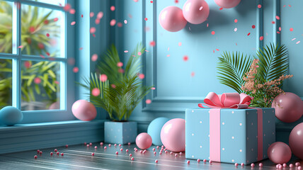 Colorful balloons, surprise gifts and pastel colors