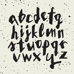 Vector handwritten calligraphic ink alphabet, black on white background. Hand drawn alphabet written with brush pen. Minuscula – small letters.