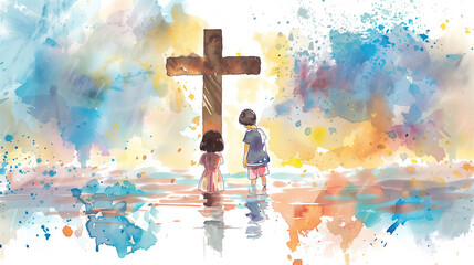 Illustration of two little children next to the christian cross © Diana