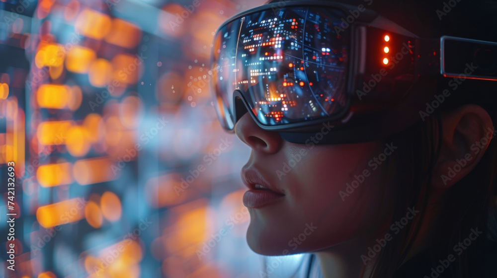 Aufkleber with their virtual reality headsets on the exeive team stands in a virtual boardroom surrounded by a