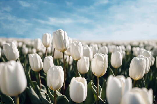 Nature color. May floral bloom. Tulip garden landscape. Sunny flower field. Spring season background. Fresh plant bulb grow. April leaf close up Light day park Bright sun blue sky. Green grass beauty.