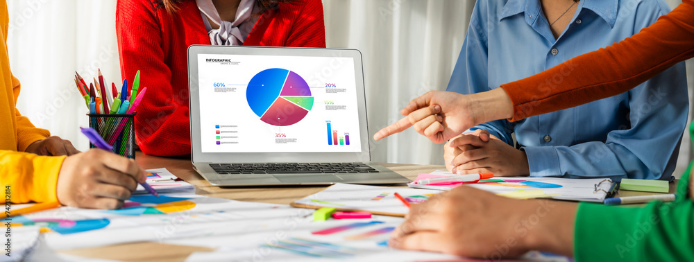 Poster startup company employee working together using laptop analyzing bi dashboard paper on financial dat