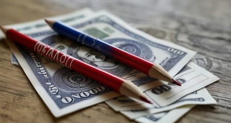  Red, white, and blue pencils resting on a stack of money