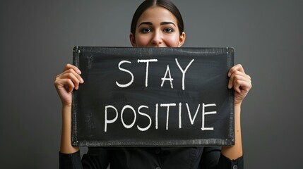 Woman holding  stay positive  sign on abstract blurred background, motivation and success concept.