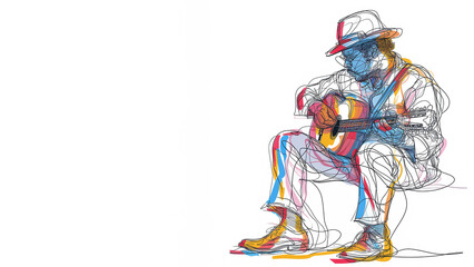 Guitar jazz player, single continuous line drawn on white background with colour splash, copy space, great for any kind of music banner, 16:9