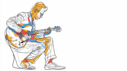 Guitar jazz player, single continuous line drawn on white background with colour splash, copy space, great for any kind of music banner, 16:9