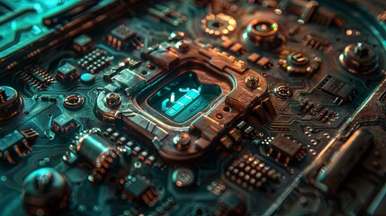 Fototapeta premium an electronic surrounded by a circuit board, in the style of luminous 3d objects, dark aquamarine and blue, canvas texture emphasis. Generative AI.