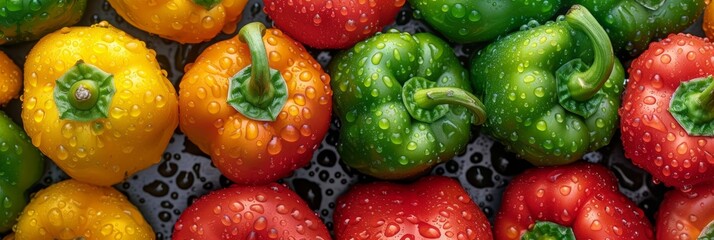 Colorful bell peppers with water droplets   fresh vegetable backdrop for healthy eating concepts. - obrazy, fototapety, plakaty