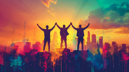 Illustration of three jubilant businessmen with raised fists, celebrating success with confetti against a cityscape backdrop. - obrazy, fototapety, plakaty