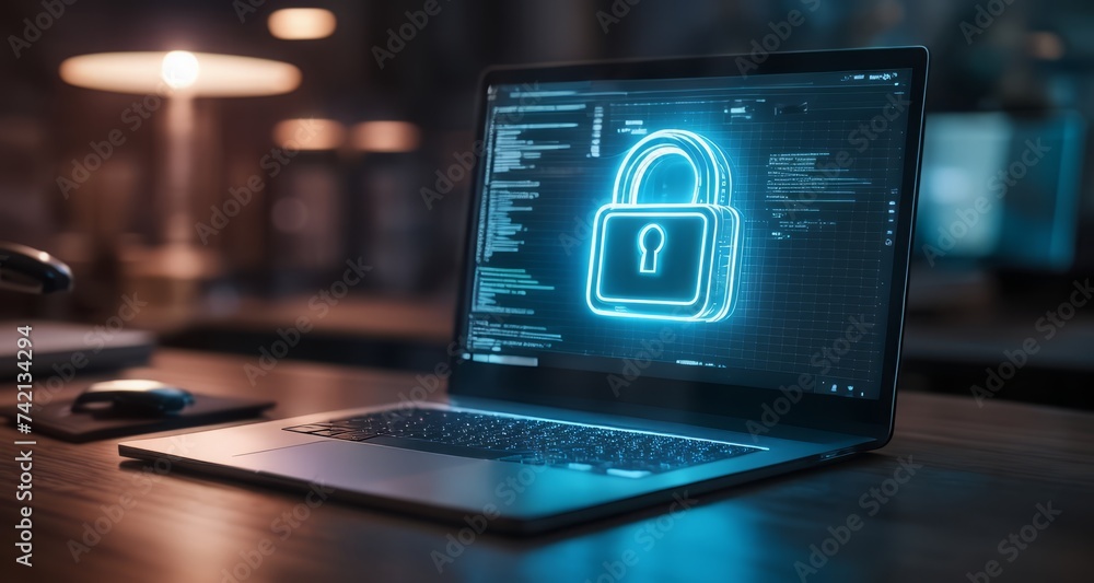 Poster secure digital workspace with illuminated lock icon