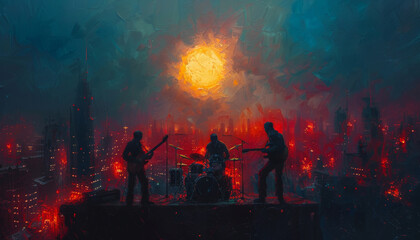 Artistic expressionist portrayal of musicians on a rooftop deeply engrossed in a passionate jam session city lights illuminating the scene high angle perspective