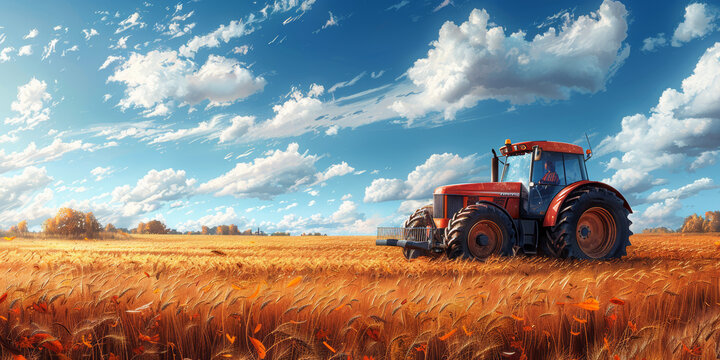 A farmers day on a realistic farm ground level view of serene harvesting tractor moving through golden fields capturing the beauty of rural work