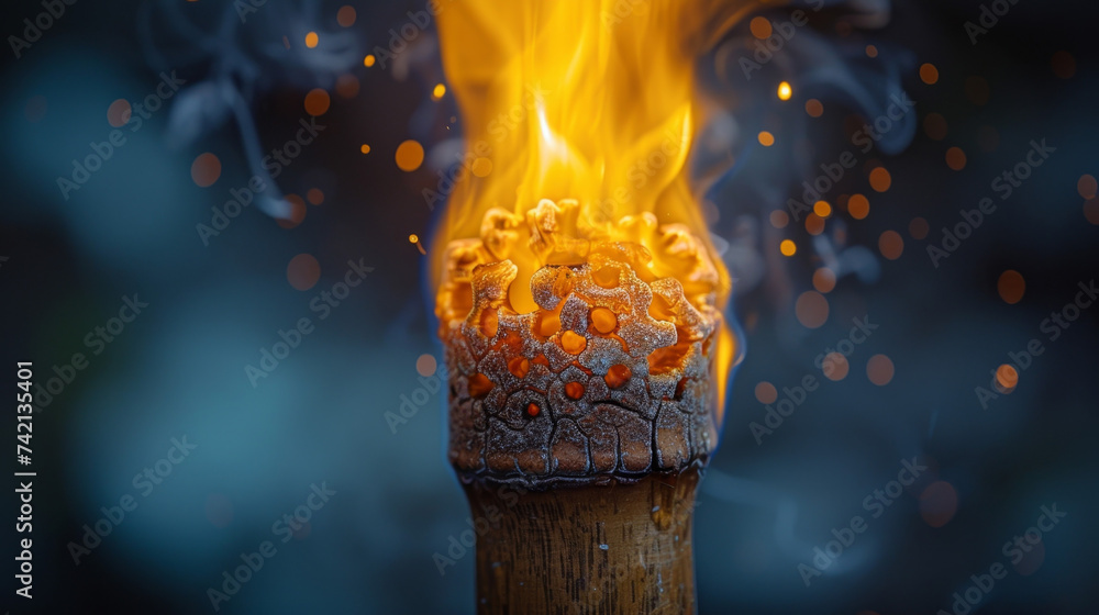 Poster closeup of a blazing torch revealing the rough texture of the wooden handle and the flickering flame
