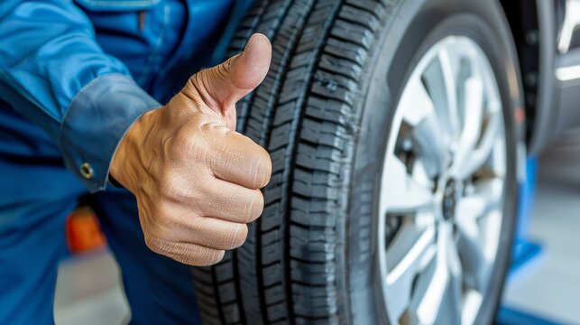Cheerful mechanic giving thumbs up with car tire in automobile repair shop, smiling happily.