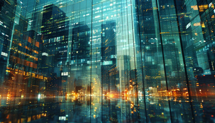 Over the shoulder view in a digital skyscraper analysts working analytical data streams glass facade typing