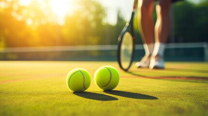 Tennis player with rackets and tennis balls on the grass court, outdoor sports