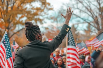 Black Female politician giving a speech to his followers during an outdoors political rally