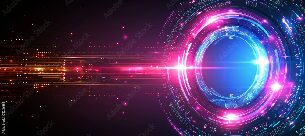Poster futuristic 3d paper circle with circuit board on tech background, modern engineering concept.