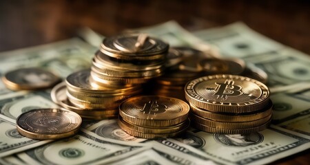  Bitcoin and gold coins, symbols of wealth and digital currency