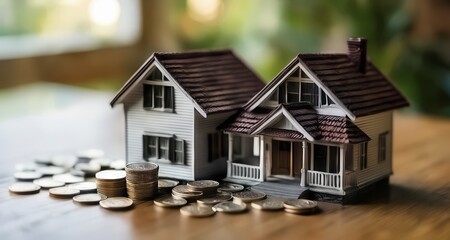  A miniature home with a pile of coins, symbolizing wealth or savings - obrazy, fototapety, plakaty