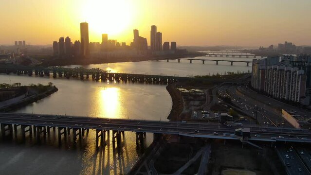 Evening traffic flow at Gangbuk-daero, Han River Bridge, Seoul city, Korea
