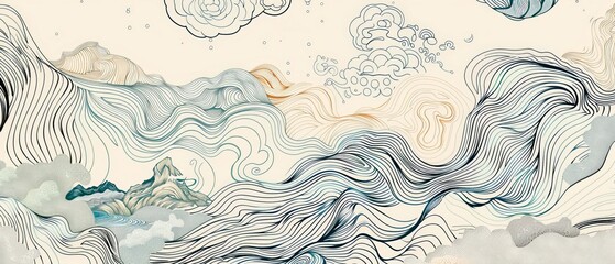 Whimsical Waves and Clouds in Serene Abstract Doodles