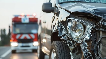 Urban city road car accident scene with traffic and emergency response vehicle in action