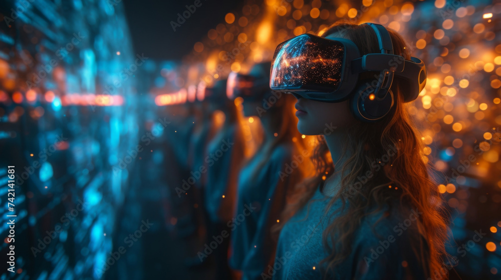 Poster a virtual reality landscape filled with holographic projections of different industries as well as d