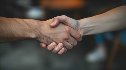 Firm Handshake Between Two People Signifying Agreement or Greeting - Focus on Hands