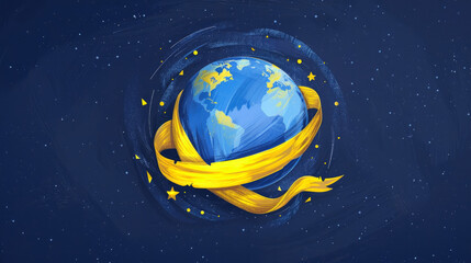 A yellow ribbon around the Globe of Planet Earth in the blue starry sky. World Down Syndrome Day