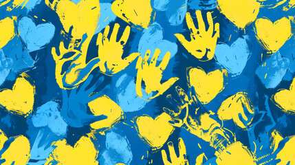 Fototapeta na wymiar Background with palm prints and hearts in blue and yellow. World Down Syndrome Day