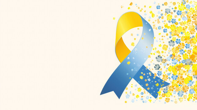 A banner with a place to copy with an image of a loop ribbon and yellow-blue spring flowers is a symbol of Down Syndrome Day