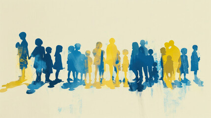 Illustration of silhouettes of a crowd of people painted in watercolor in yellow and blue colors. A concept on the topic of support for people with down syndrome - obrazy, fototapety, plakaty