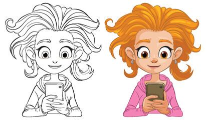 Illustration of a girl holding a smartphone, colored and outlined.