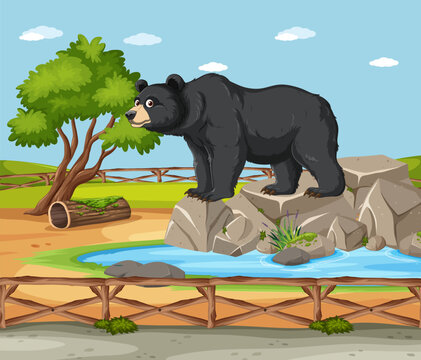 Illustration of a bear near a pond with trees