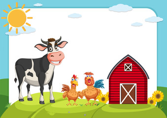 Cartoon cow and chickens near a red barn.