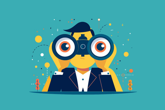 Businessman Observe Concept, Person Using Binocular Cartoon