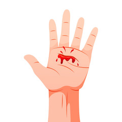 Hand with bleeding cut vector isolated on white background.