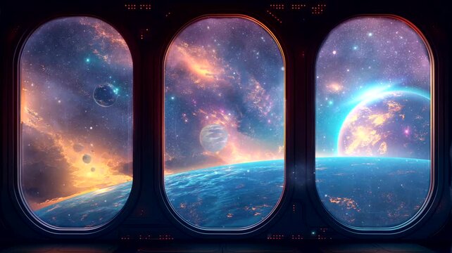 Planets in space viewing from spaceship windows frame. Seamless looping time-lapse 4k video animation background